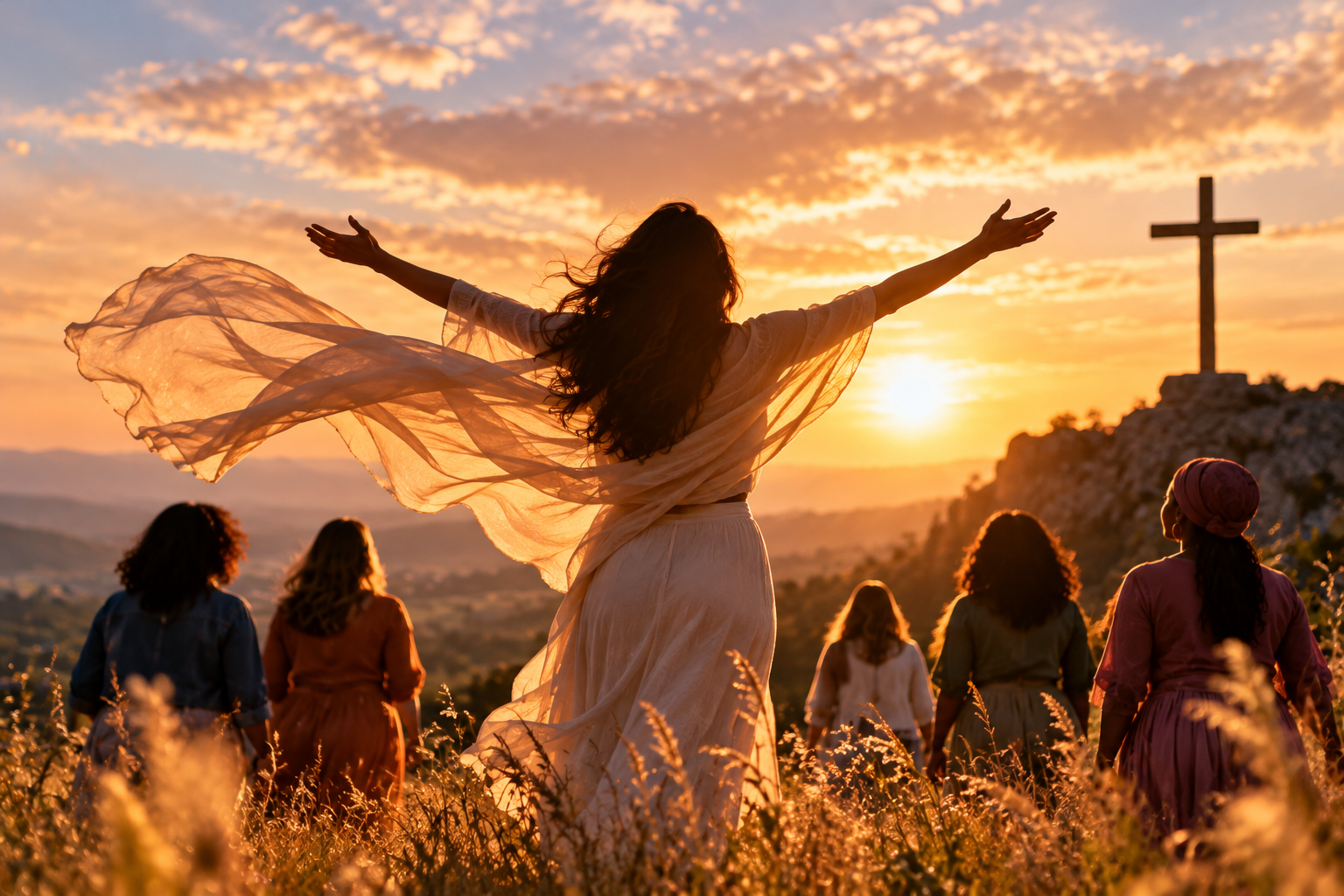 Women facing a cross at sunset