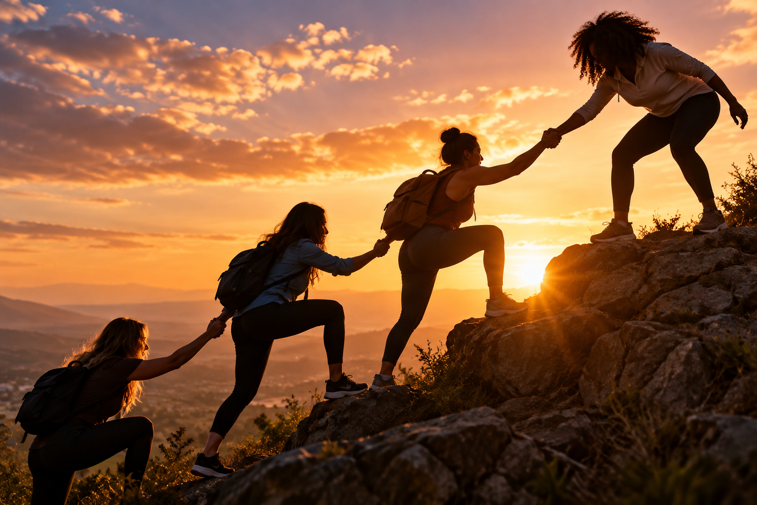 Women helping one another climb a hillside at sunset