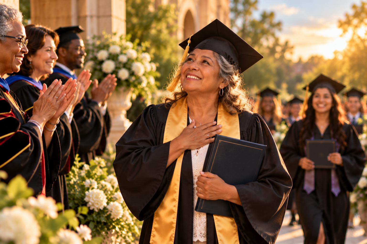 AI-generated symbolic photograph of an older Latina graduate in a cap, gown, and gold stole holding her diploma folder as others applaud.