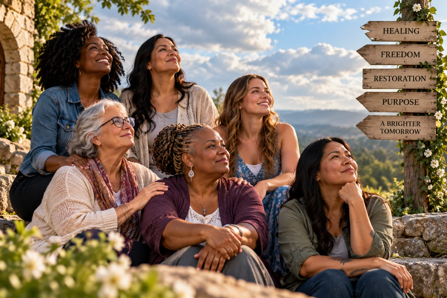 AI-generated illustration of diverse women gathered beside a signpost representing healing, freedom, restoration, and renewed purpose.
