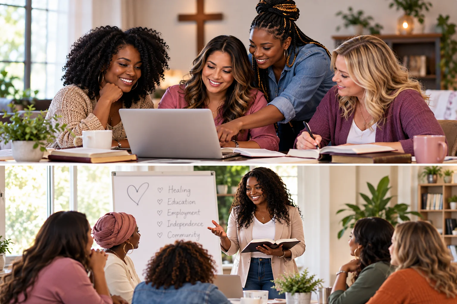 AI-generated illustration of diverse women collaborating on education, technology, and faith-centered community support.