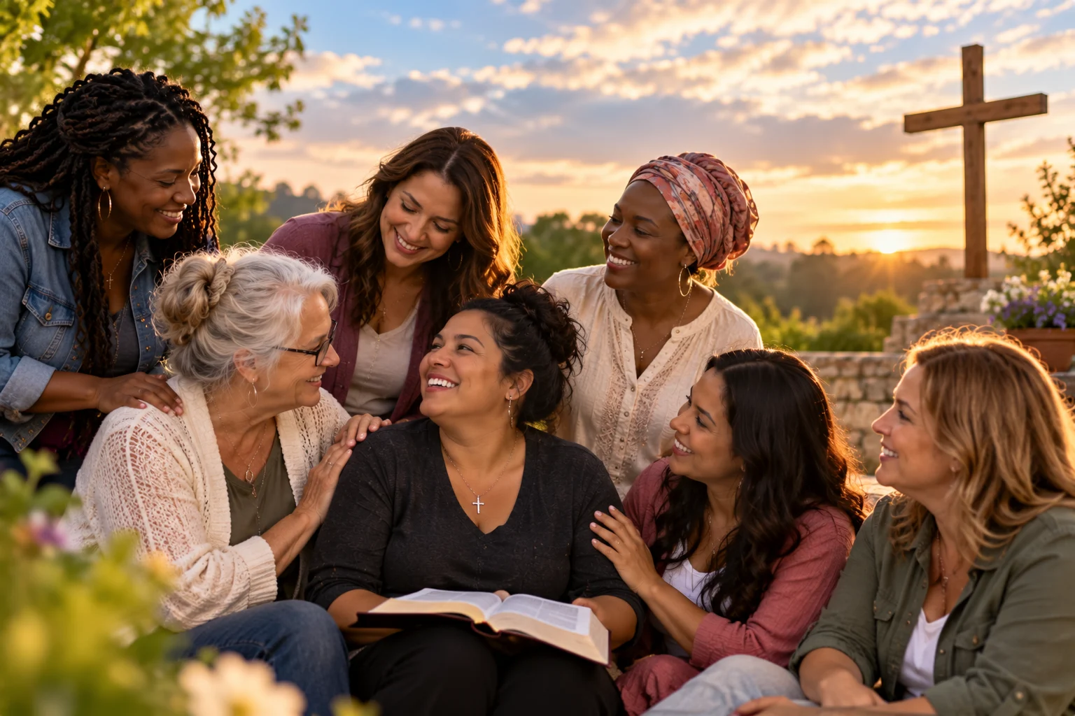 AI-generated illustration of women of different ages and backgrounds sharing Christian fellowship and encouragement.