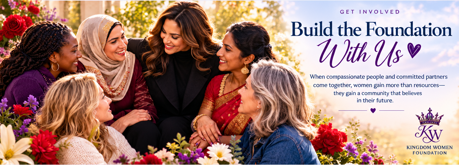 AI-generated illustration of diverse women gathered together in friendship among flowers, beside the words Get Involved, Build the Foundation With Us, and the Kingdom Women Foundation crown logo.