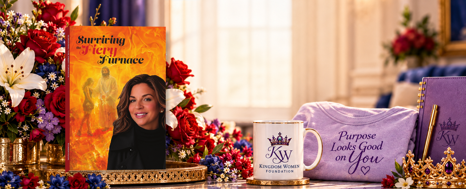 AI-generated boutique illustration featuring Surviving the Fiery Furnace among red roses, white lilies, purple and blue flowers, a gold crown, and conceptual future apparel, mug, and journal.